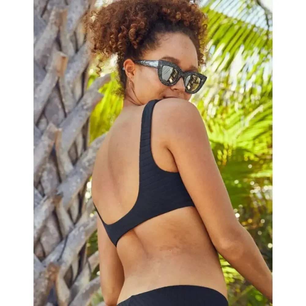 NWT Aerie XO Ribbed Wide Strap Scoop Bikini Top Women's True Black Swim Size XXL